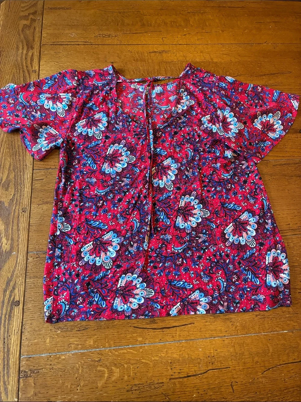 LOFT Red Floral Paisley Short Sleeve Blouse
